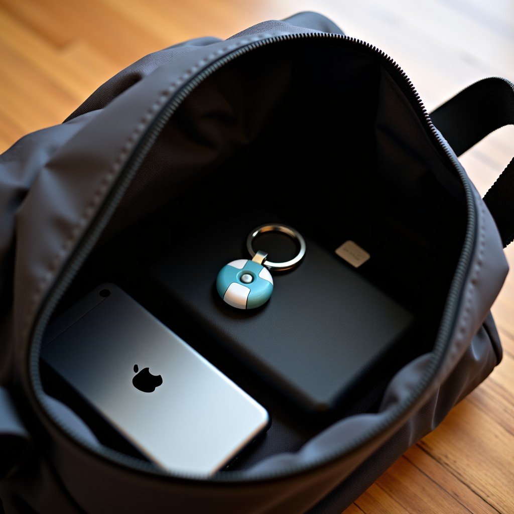 An organized bag interior with an AirTag attached to a keychain, daily lifestyle photography, soft lighting, 4:3