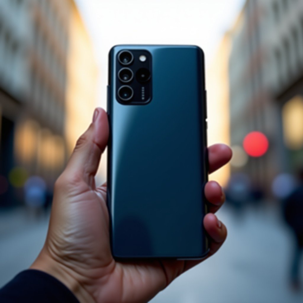 A modern sleek smartphone held in hand against a blurred urban background, natural daylight, professional product photography style, 4:3