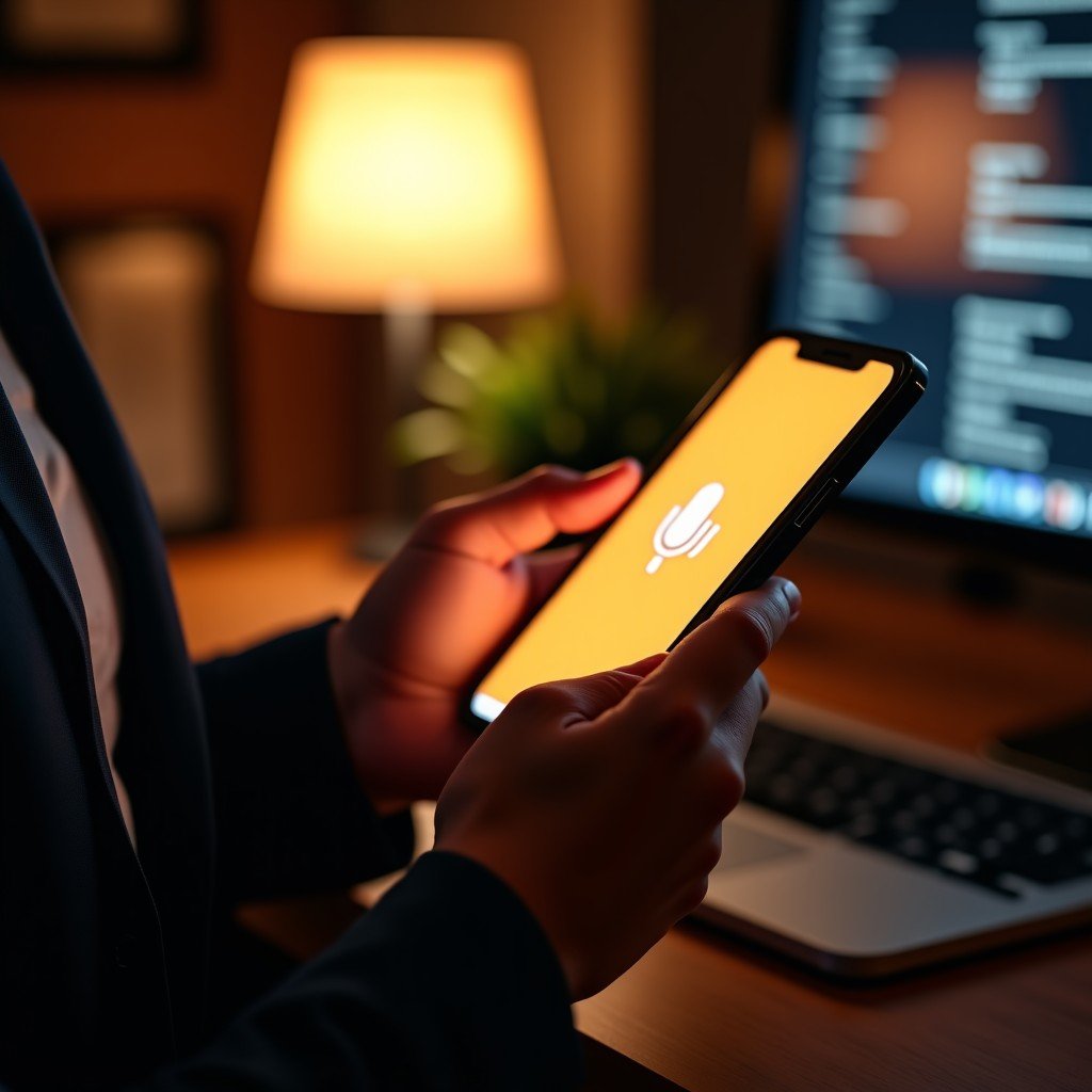 Close up of a person using a high-end smartphone with a glowing voice interface, warm office lighting, sophisticated atmosphere, 4:3