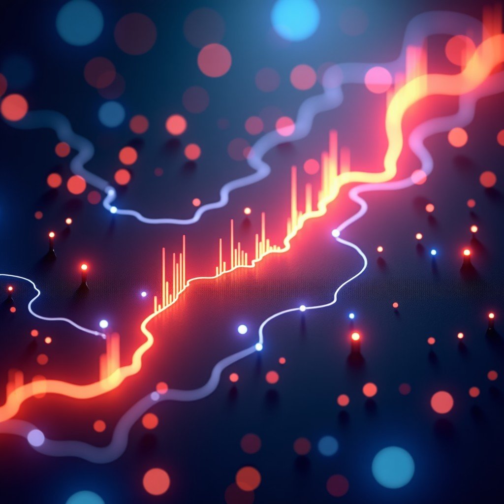 Abstract representation of digital economy and app store ecosystem with glowing data streams, futuristic style, warm and professional lighting, high quality, 16:9 aspect ratio