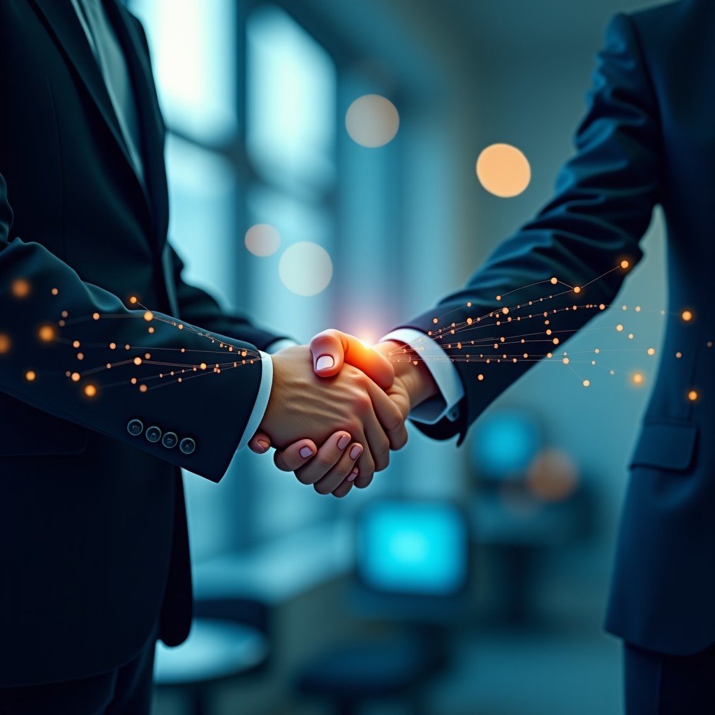 Conceptual art depicting business partnerships and digital flow, interconnected lines and nodes in a polished professional environment, soft lighting, 16:9 aspect ratio