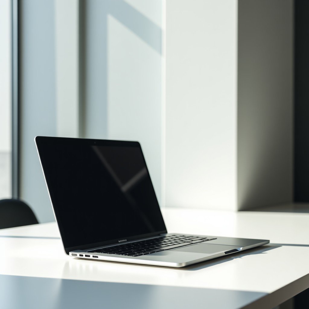 A professional laptop resting on a modern desk, minimalist environment, high-end technology, bright balanced lighting, clean composition, 4:3