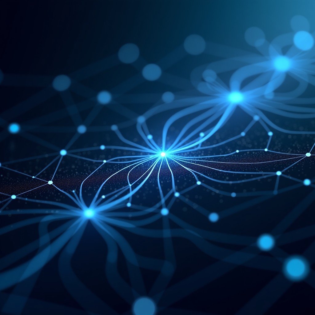 Abstract representation of AI data processing, interconnected nodes, fluid energy lines, dark background, cinematic lighting, 4:3