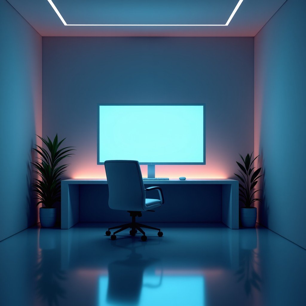 Minimalist concept art of a futuristic home office, glowing screen interface, professional setting, sharp focus, volumetric lighting, 4:3