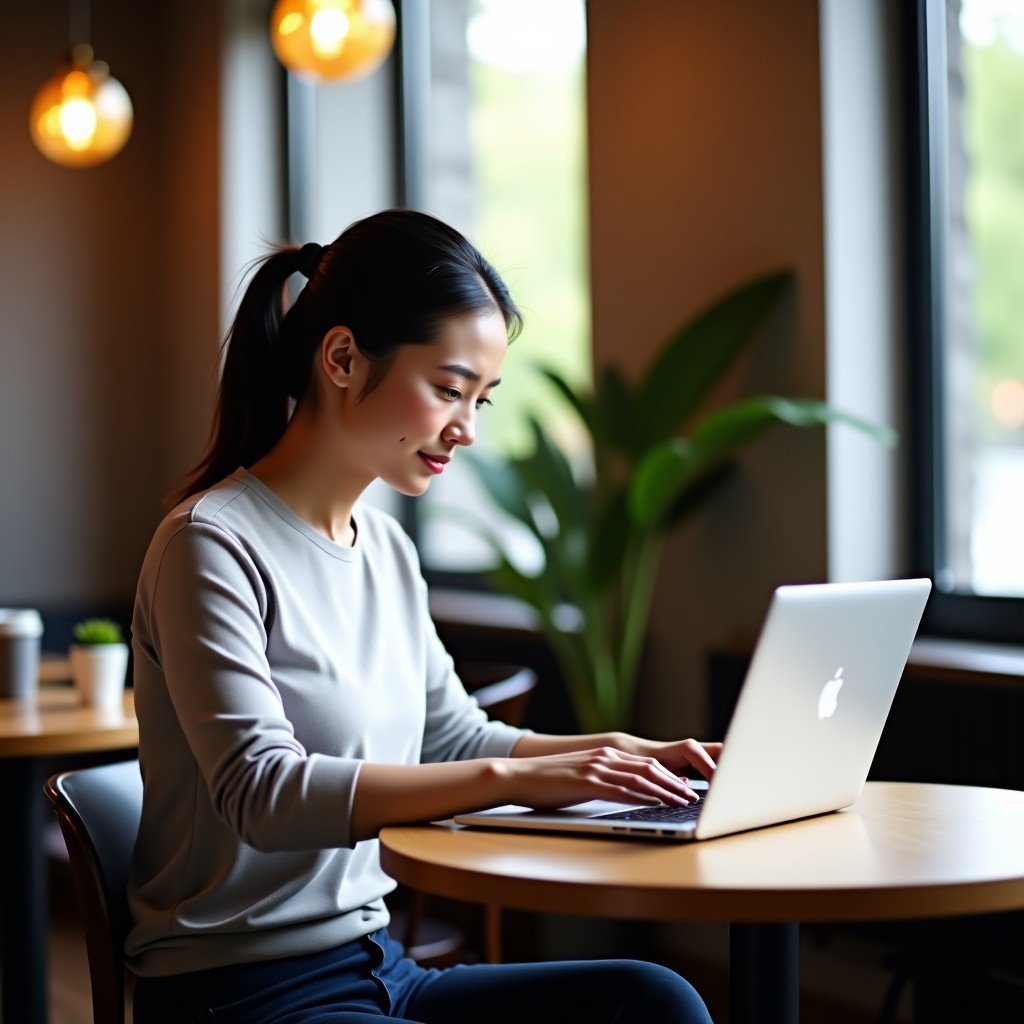 A person sitting in a modern aesthetic cafe with a slim silver laptop open, lifestyle photography, natural indoor lighting, cozy atmosphere, 4:3 aspect ratio.