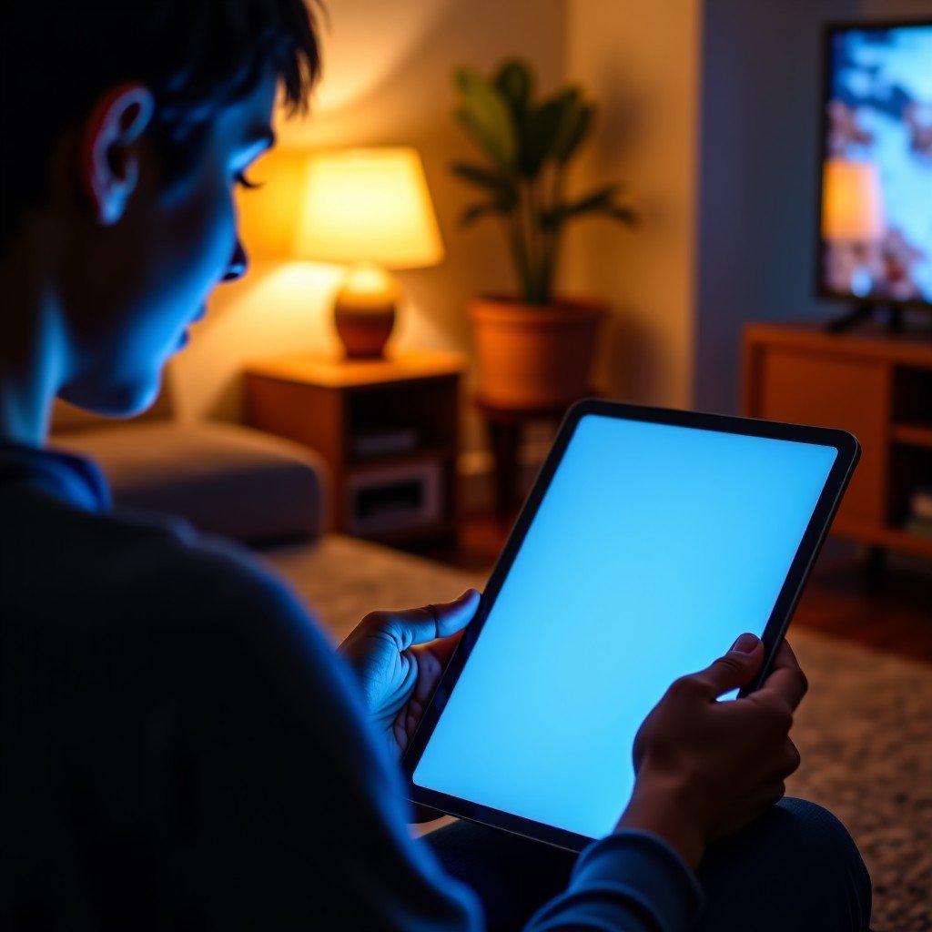 Person sitting on a couch holding a tablet, vibrant screen display, cozy home interior, cinematic lighting, 4:3
