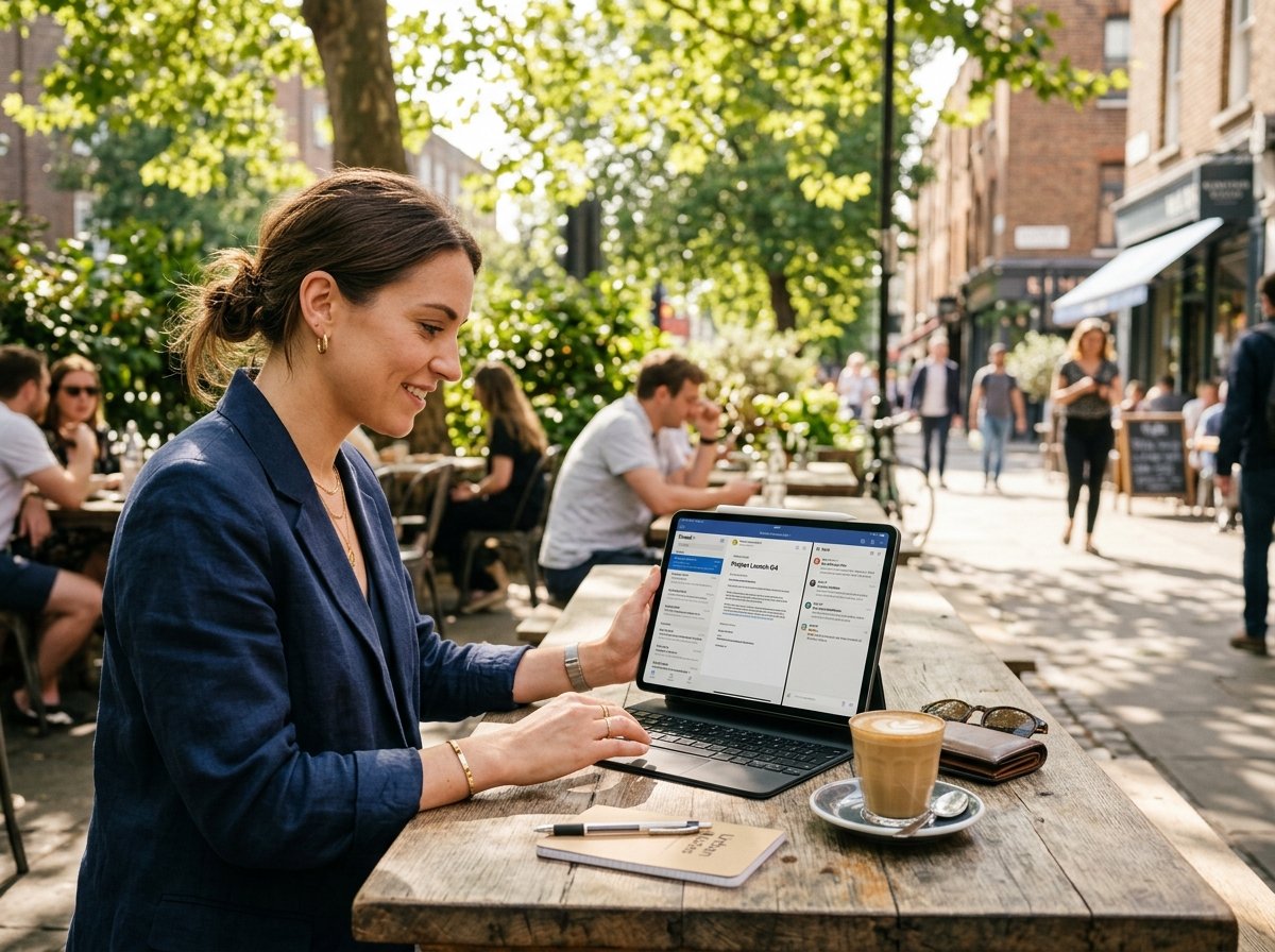 야외 카페에서 아이패드를 사용하는 모습