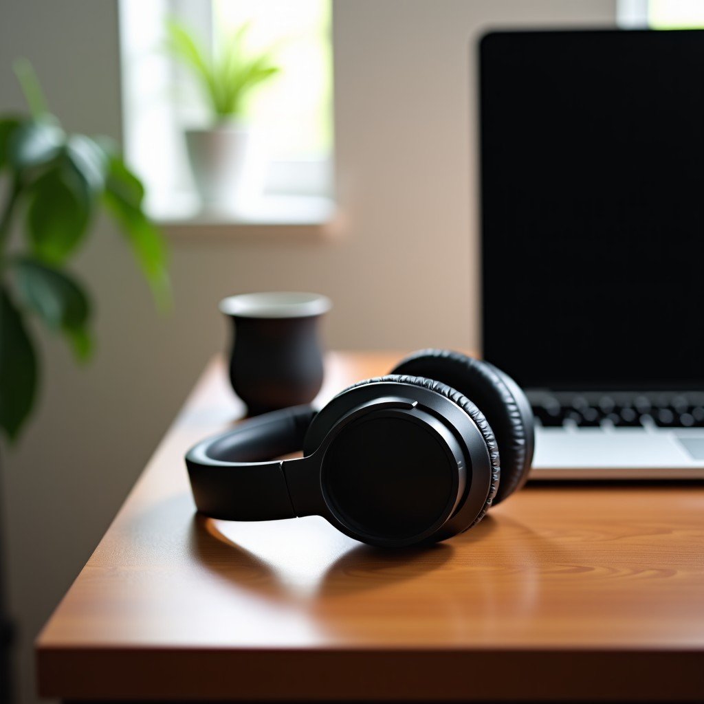 High quality lifestyle shot of headphones resting on a wooden table next to a digital device, clean workspace, soft ambient lighting, high resolution, 4:3 aspect ratio.
