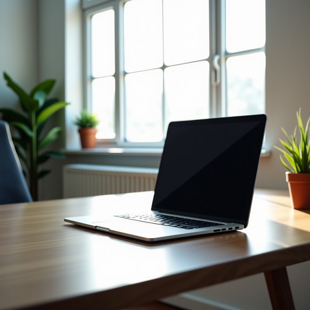 Modern workspace with a high performance laptop on a desk, clean minimalist desk setup, natural daylight, photorealistic, 4:3
