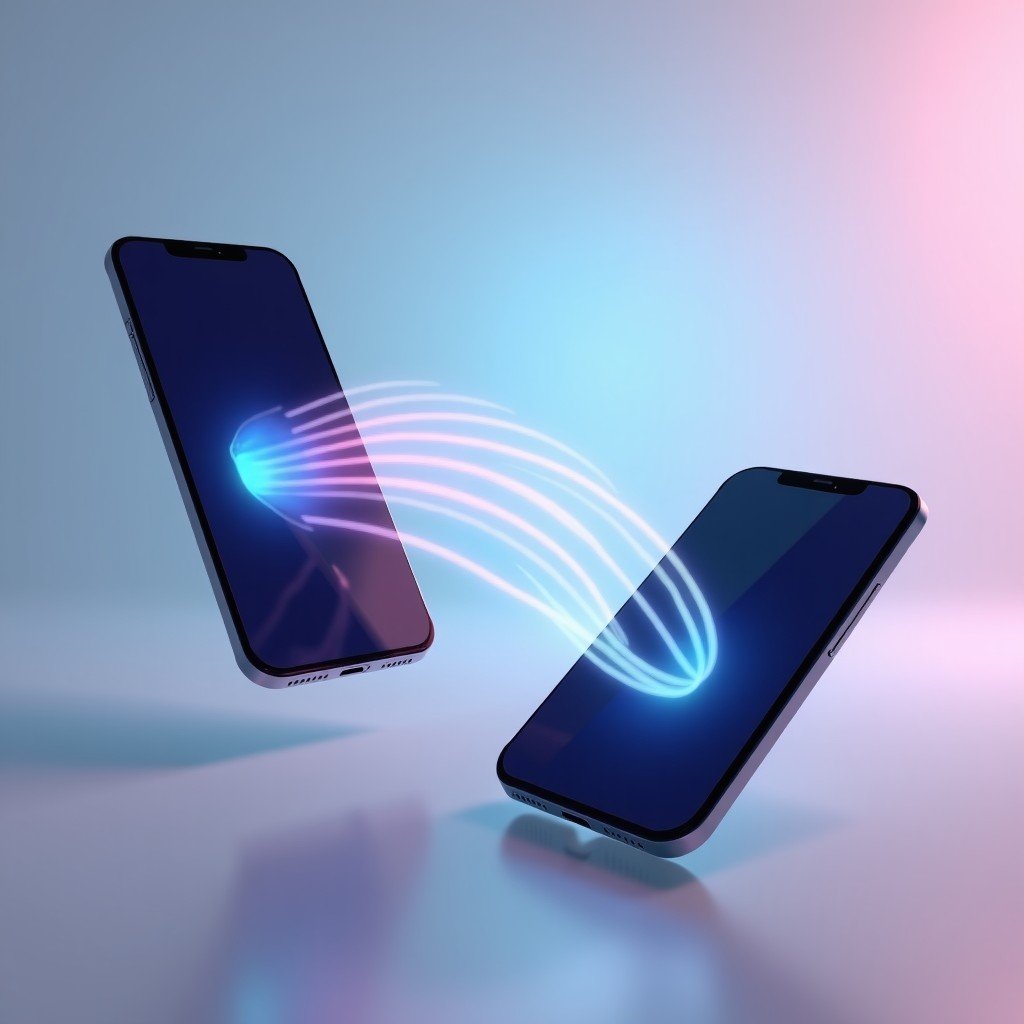 A futuristic concept showing two modern smartphones connecting wirelessly in a clean studio environment, high resolution, 4:3