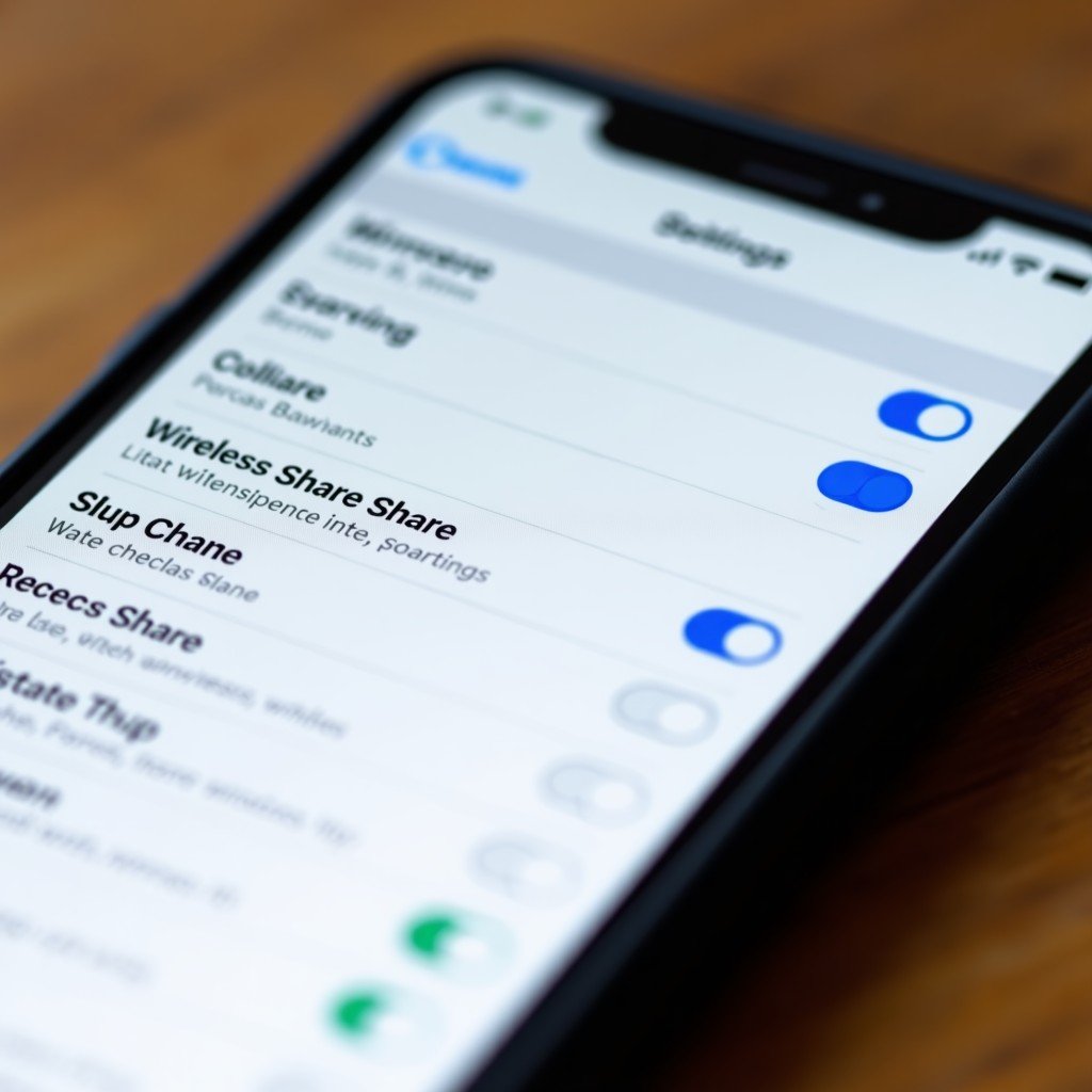 Close up of a smartphone settings screen showing wireless sharing options, modern UI design, depth of field, 4:3