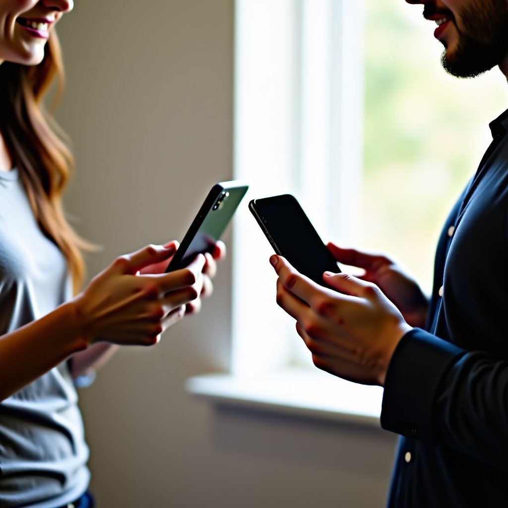 Two people holding different smartphones next to each other, natural indoor lighting, lifestyle photography, 4:3
