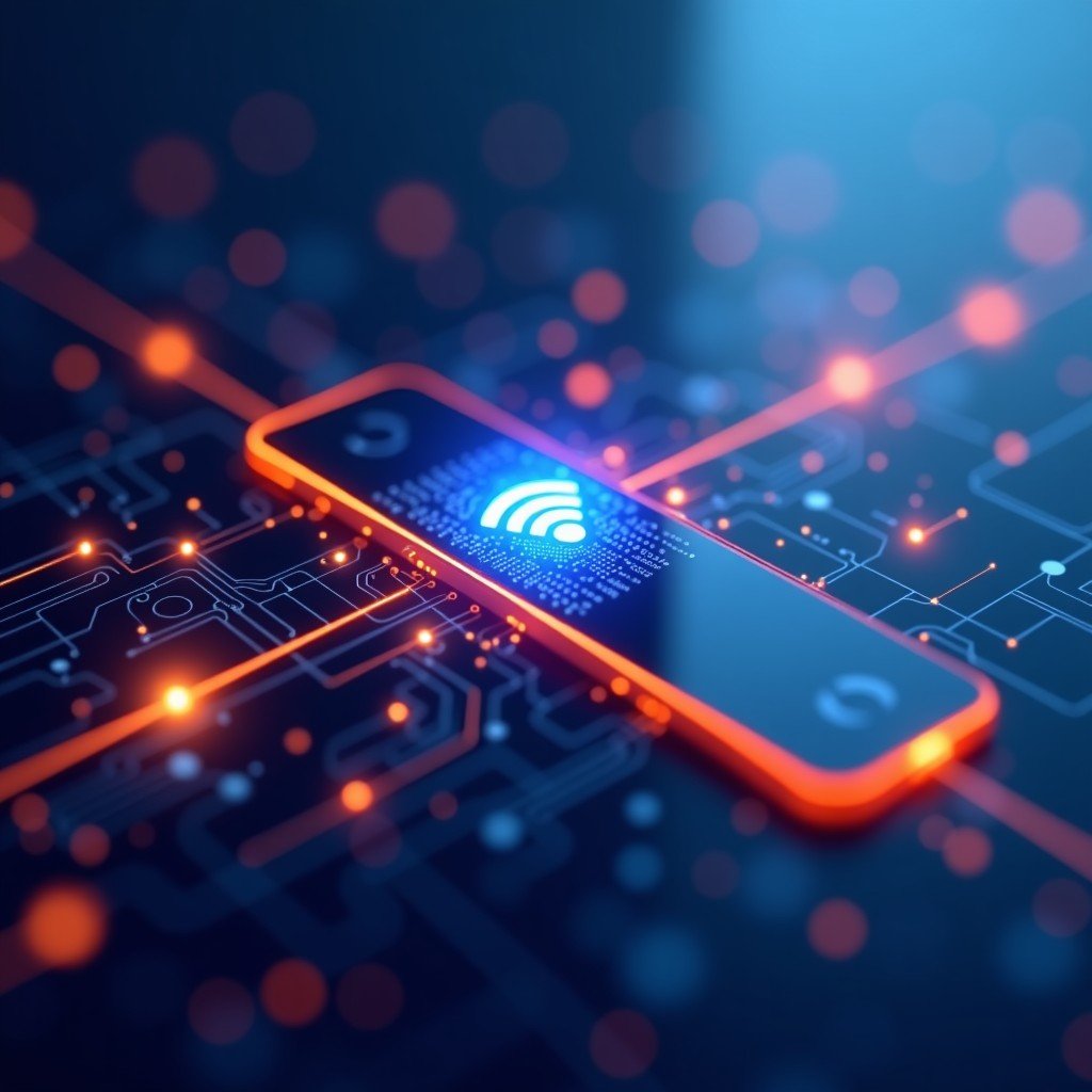 Digital concept of wireless connectivity between devices, abstract glowing lines, clean tech aesthetic, 4:3