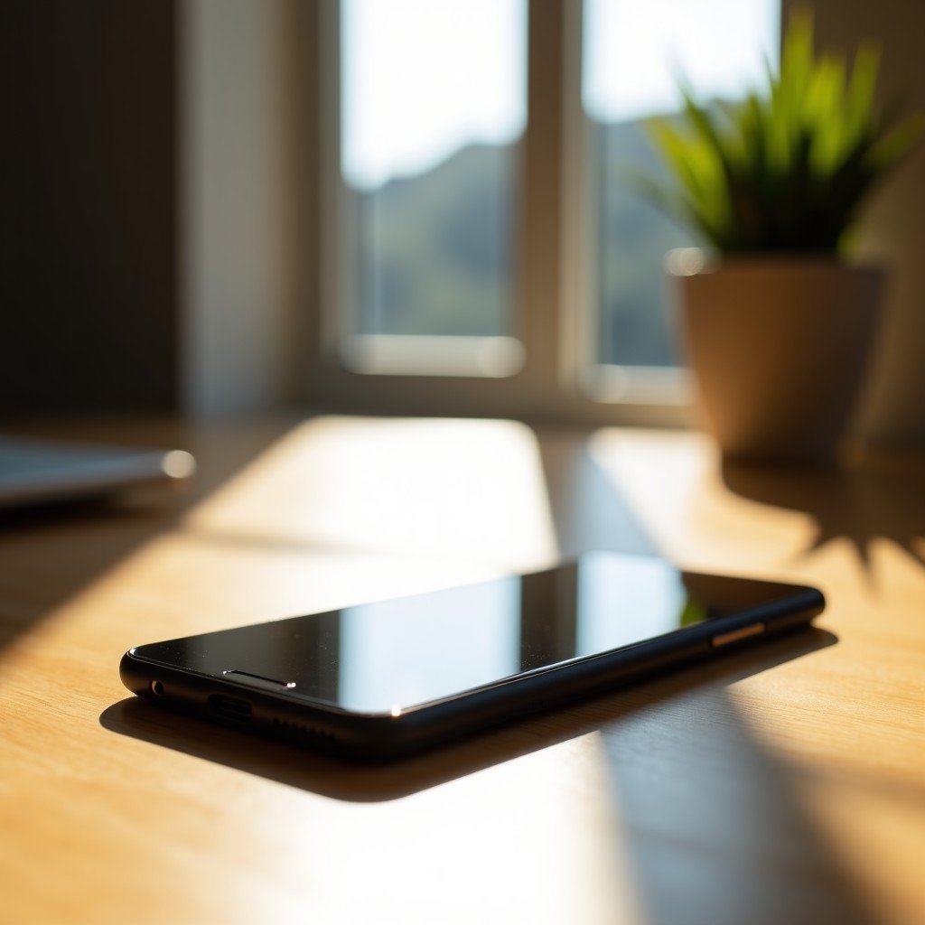 A modern smartphone resting on a clean wooden desk with soft natural sunlight streaming through a window professional lifestyle photography 4:3