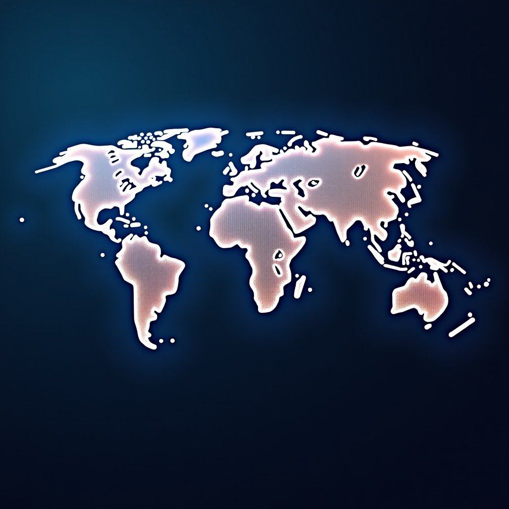 Abstract representation of global digital connectivity with glowing lines and nodes across a dark blue textured background high tech aesthetic 4:3