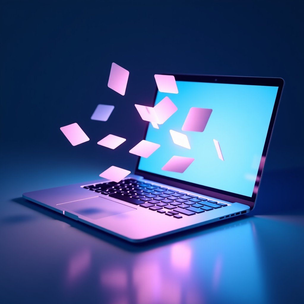 Abstract representation of digital files flying through the air between a smartphone and a laptop, futuristic style, soft blue and purple lighting, 4:3 aspect ratio