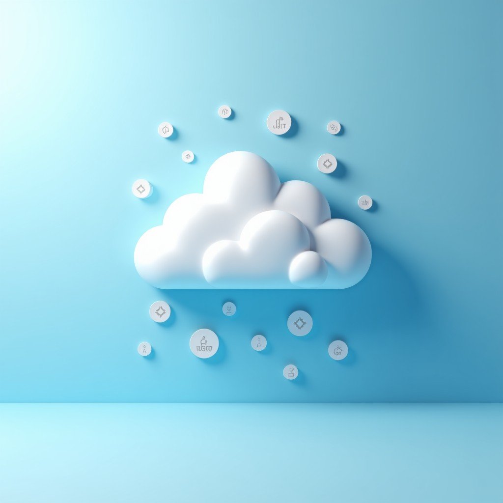 A clean and modern digital concept of cloud data storage, floating icons, minimalist style, bright lighting, 4:3
