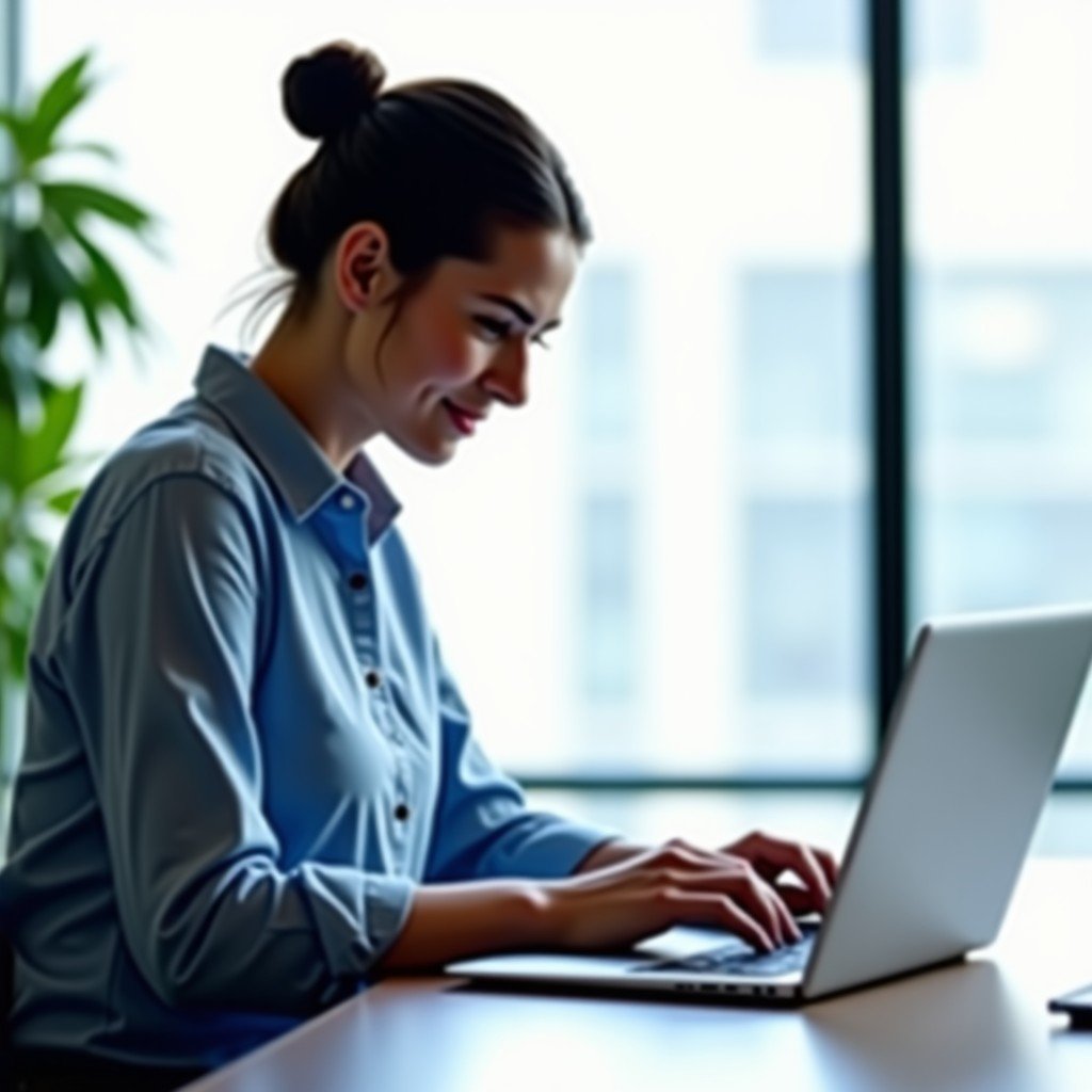 A person organizing digital files on a sleek laptop with a clean aesthetic background, professional environment, 4:3