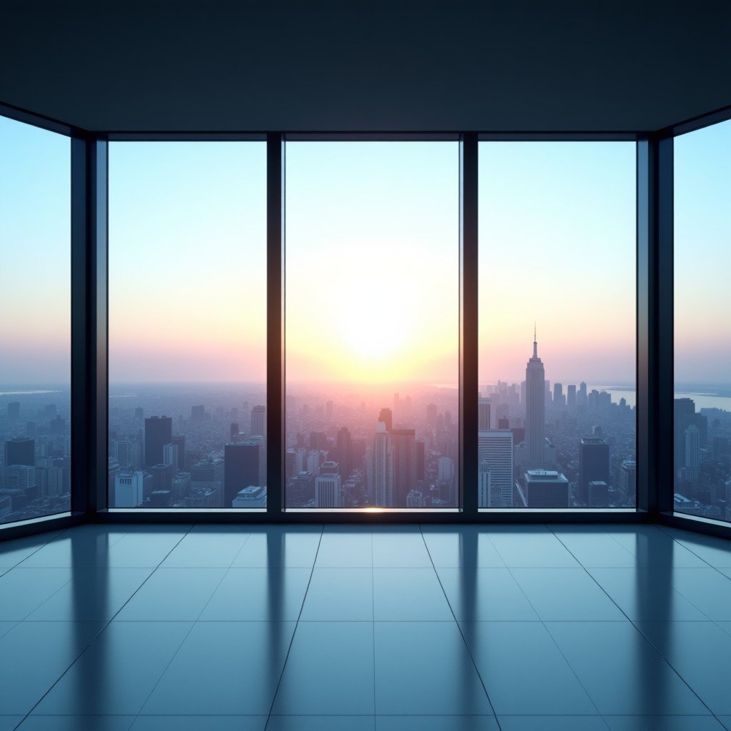 A panoramic view of an modern office interior with a clear view of the horizon through a large window, calm and insightful mood, 4:3 aspect ratio.