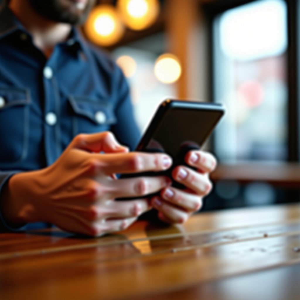 Close up of a thin modern smartphone being used in a cafe setting, natural light, realistic, cinematic depth of field, 4:3 aspect ratio