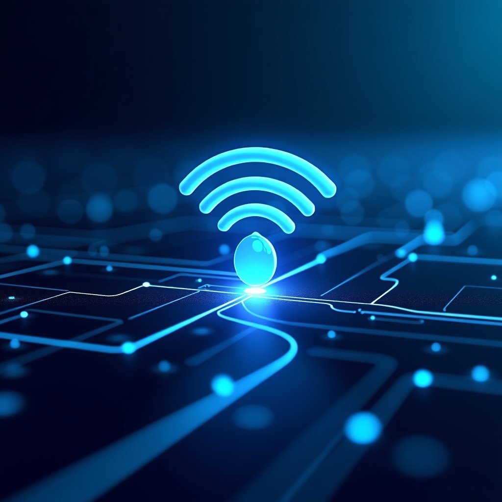 Abstract representation of wireless connection, high tech digital art, clean background, glowing lines, 4:3 aspect ratio