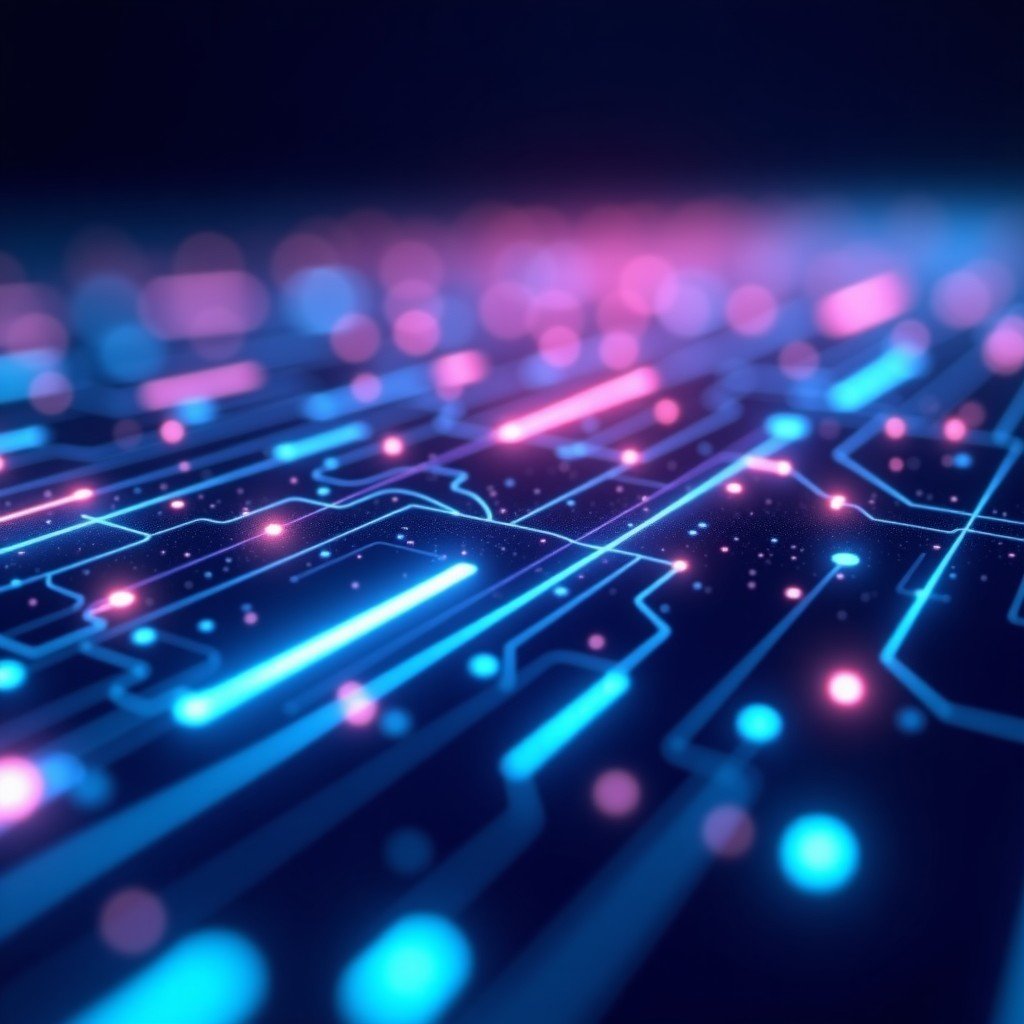 Close-up of a high-tech digital interface glowing with neural network connections, futuristic, deep blue and purple gradient background, 4:3 aspect ratio