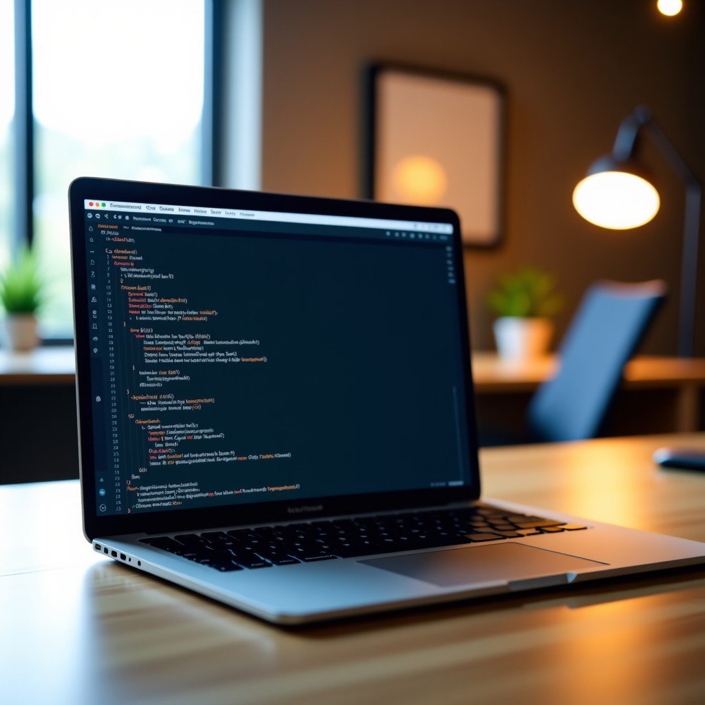A clean and modern workspace showing a minimalist code editor on a high-end laptop, soft ambient office lighting, professional aesthetic, 4:3 aspect ratio
