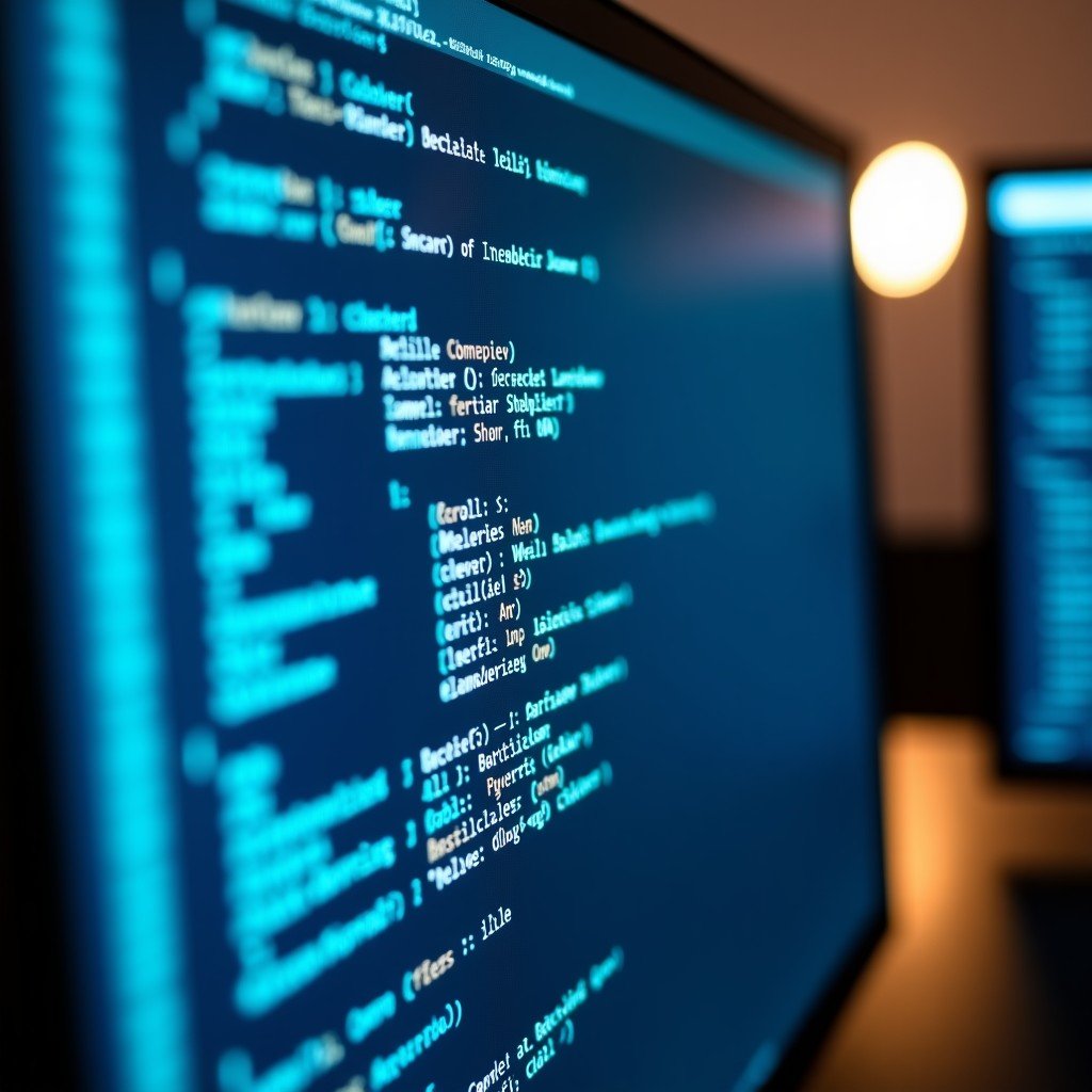 Close-up of a high-tech computer screen displaying complex code, soft ambient lighting, modern office atmosphere, 4:3