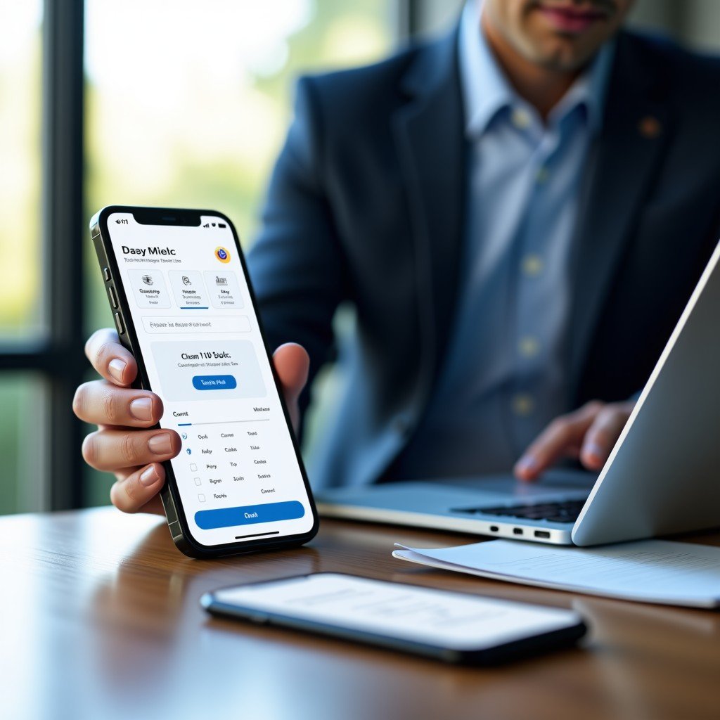 A professional workspace showing a smartphone connected to a laptop with clean data management software visible, modern office environment, realistic, 4:3