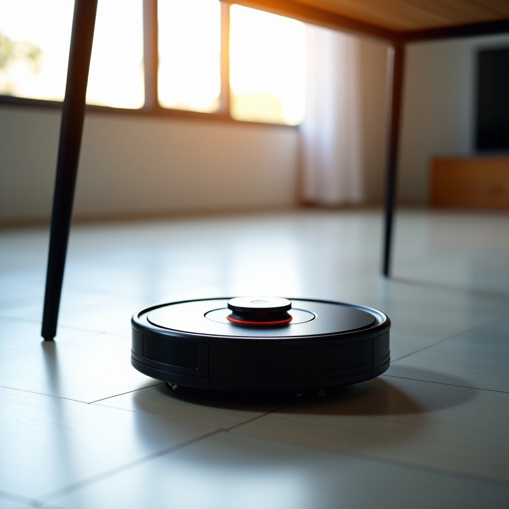A robotic vacuum cleaner moving smoothly under a modern table, focus on the sensor laser technology, bright interior, high resolution, 4:3