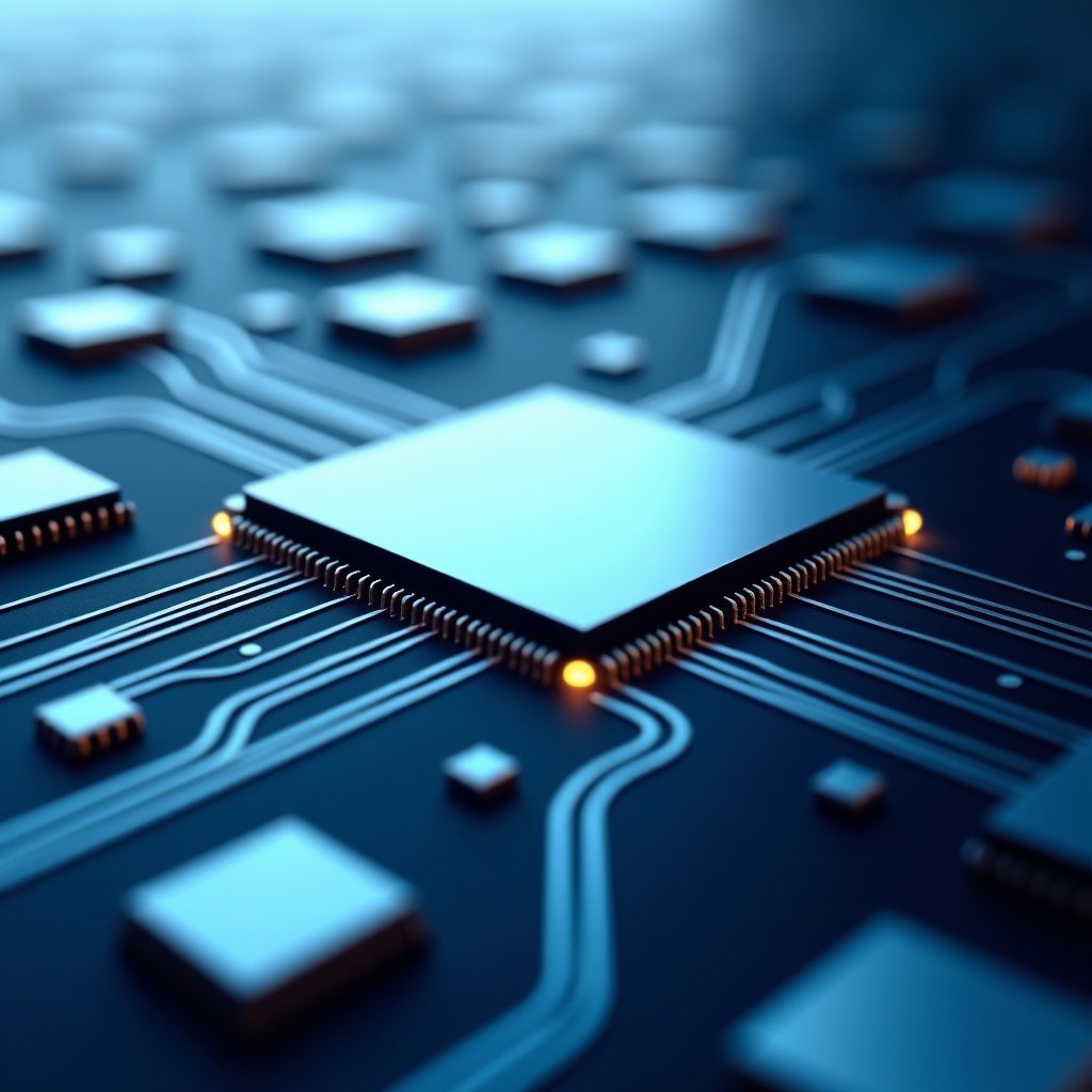 Minimalist technological background focusing on microchip patterns, clean and sleek aesthetic, soft blue and silver lighting, realistic, 4:3 aspect ratio