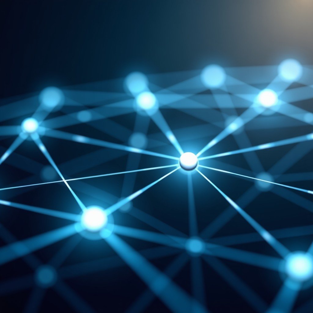 Conceptual art of professional network connections, nodes and lines representing digital office communication, soft focus, sophisticated professional lighting, 4:3