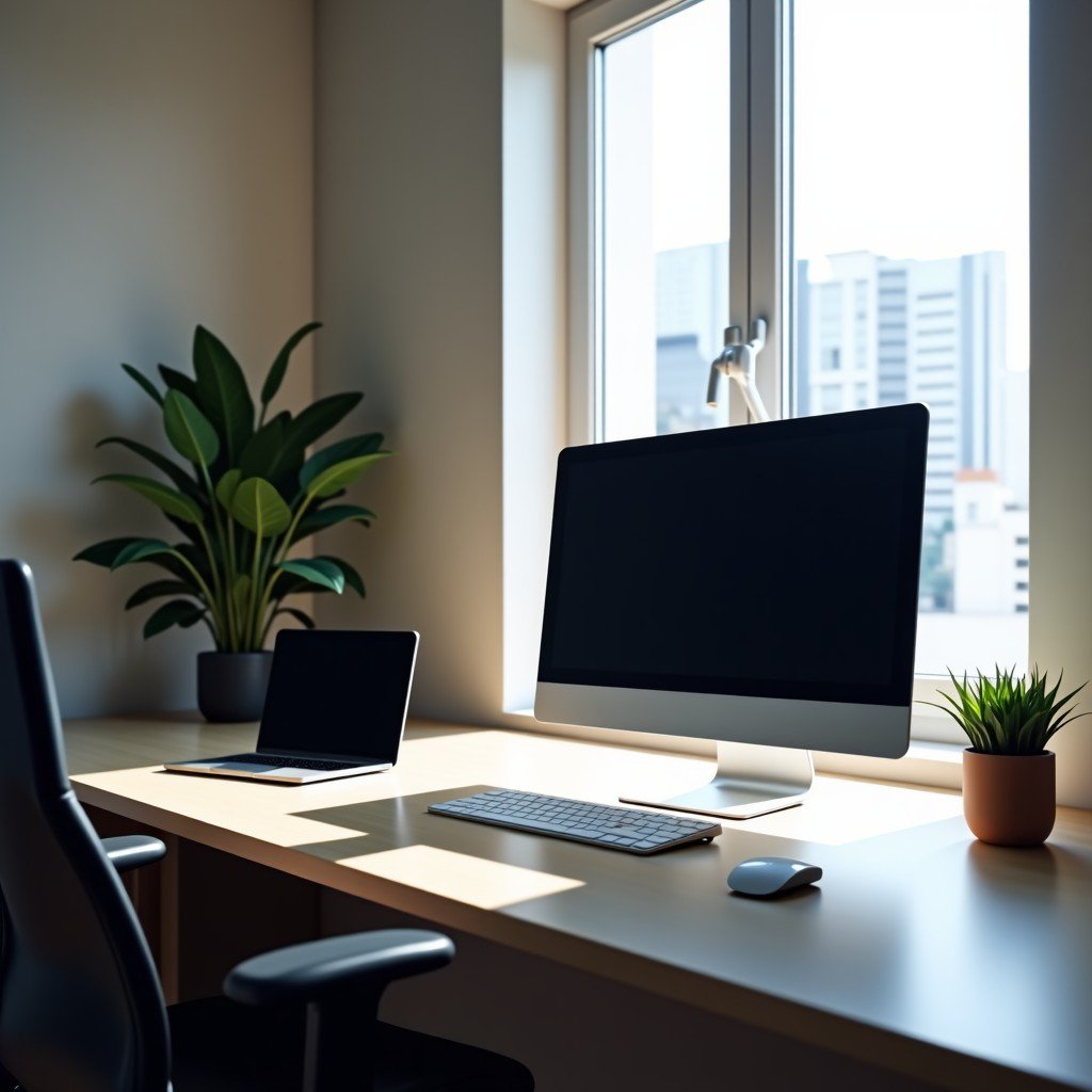 A professional workstation with a high-end monitor and a laptop, minimalist interior design, bright and clean workspace, 4:3