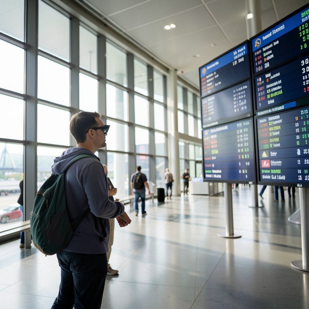 A traveler looking at flight information boards in a modern airport terminal, soft natural lighting, realistic atmosphere, 16:9 aspect ratio