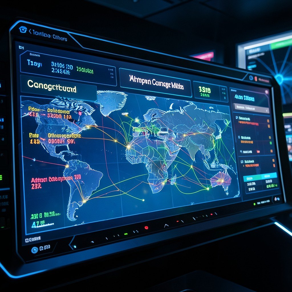 Digital interface showing airport congestion statistics and global flight paths, sleek dashboard design, high-tech, 4:3 aspect ratio