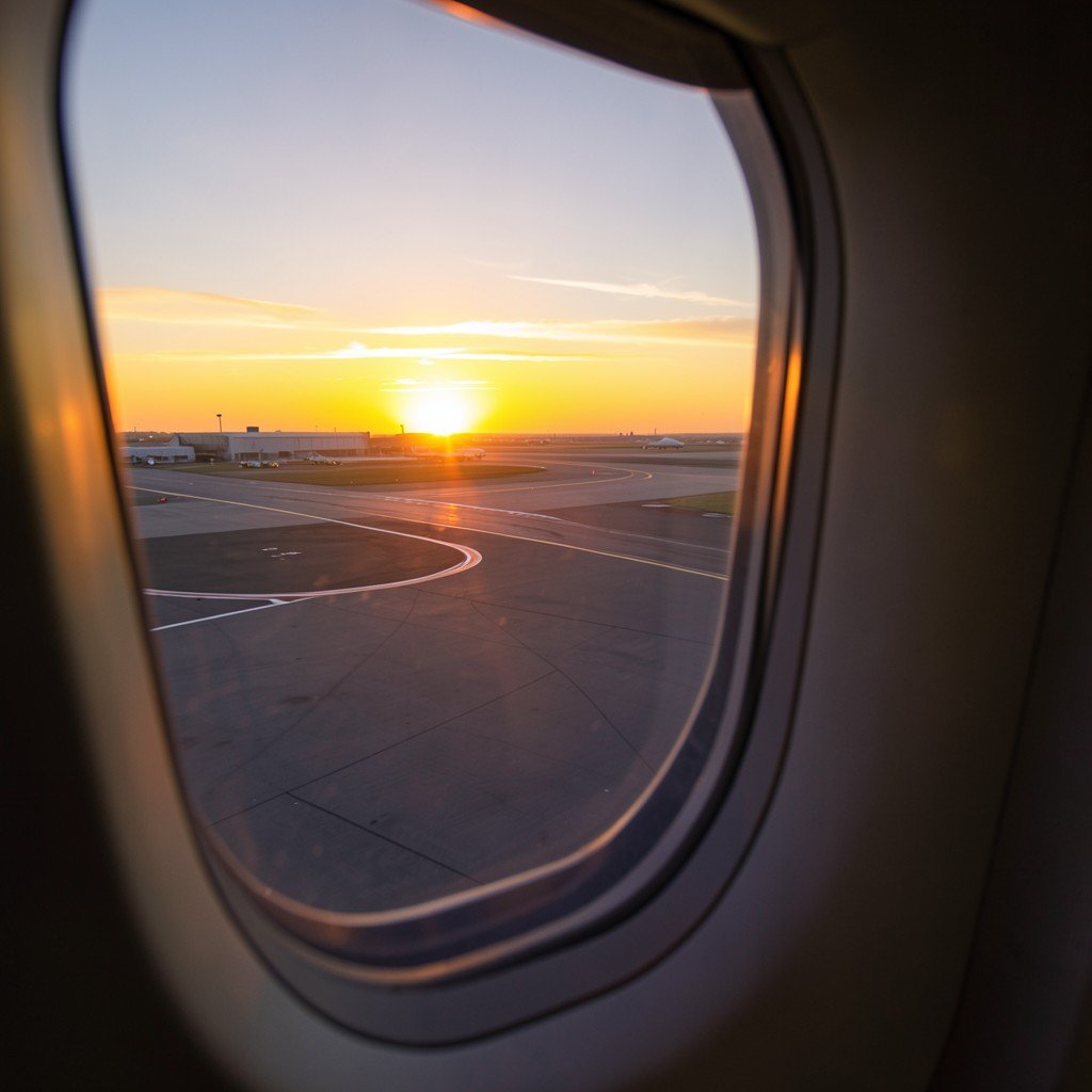 View from an airplane window looking at an airport runway during sunset, cinematic lighting, peaceful, 16:9 aspect ratio