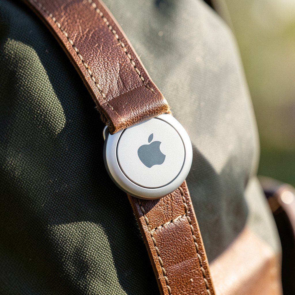A close-up shot of an Apple AirTag attached to a leather backpack strap, soft sunlight, shallow depth of field, 4:3