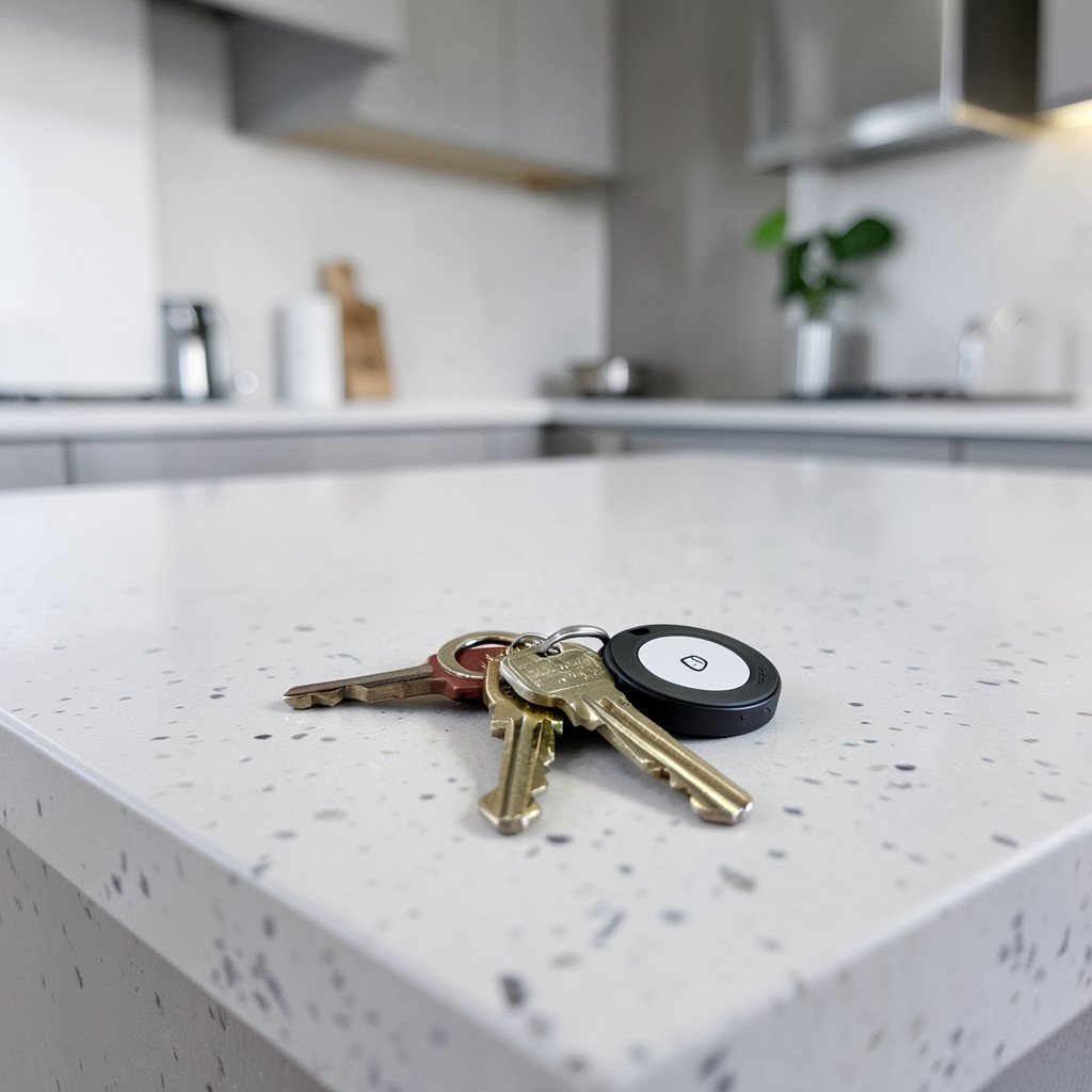 A set of keys with an AirTag attached, resting on a modern kitchen counter, realistic photography, 4:3