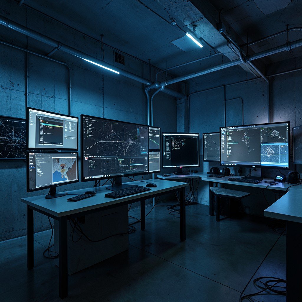 Conceptual photography of an empty modern digital workspace with multiple abandoned screens, dim cool lighting, industrial aesthetic, high quality, 16:9 aspect ratio