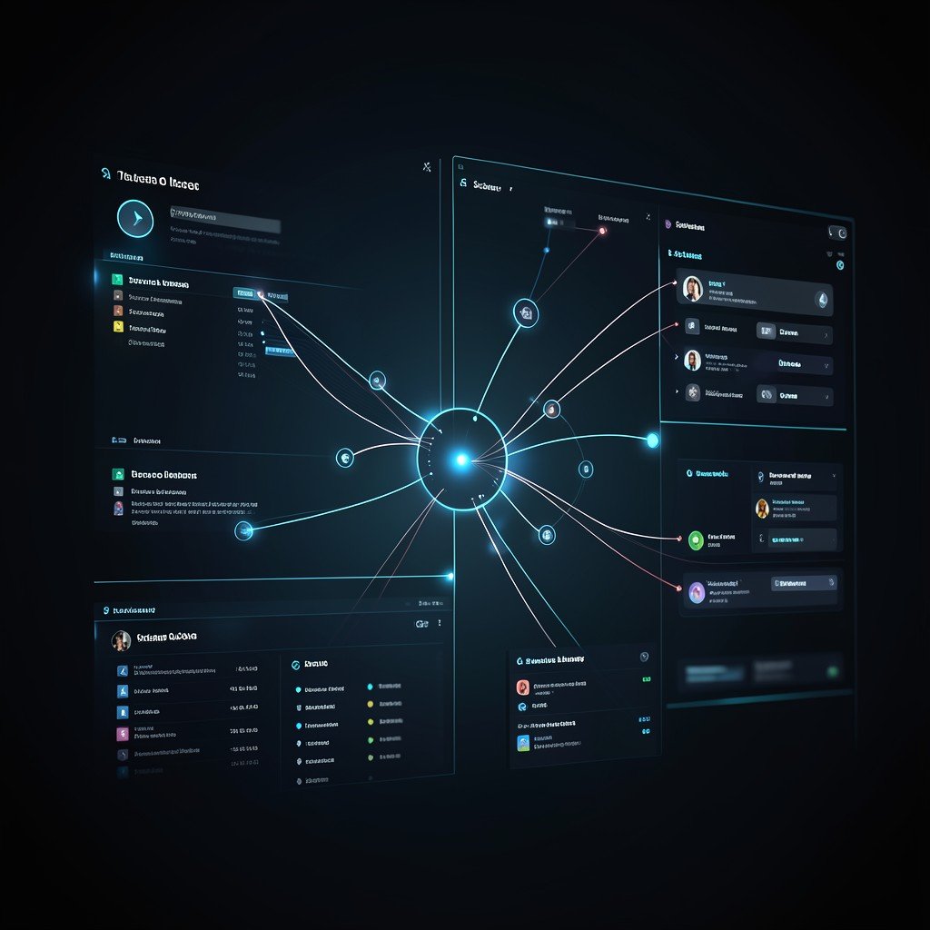 An abstract representation of a complex software dashboard with interconnected nodes and glowing pathways, dark mode theme, sleek modern design, 16:9 aspect ratio