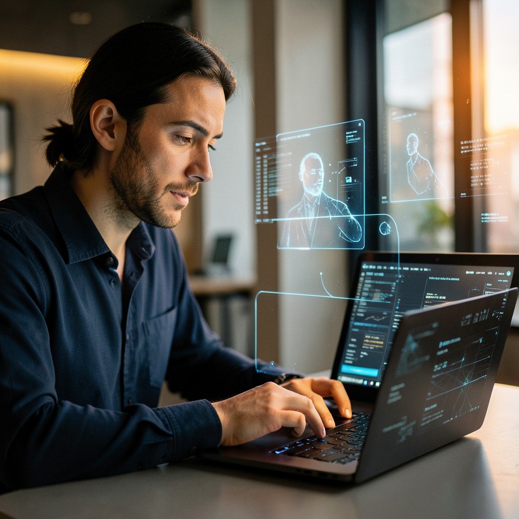 Close up of a creative professional working on a laptop with holographic data overlays, focused expression, cinematic warm lighting, modern professional setting, 16:9 aspect ratio