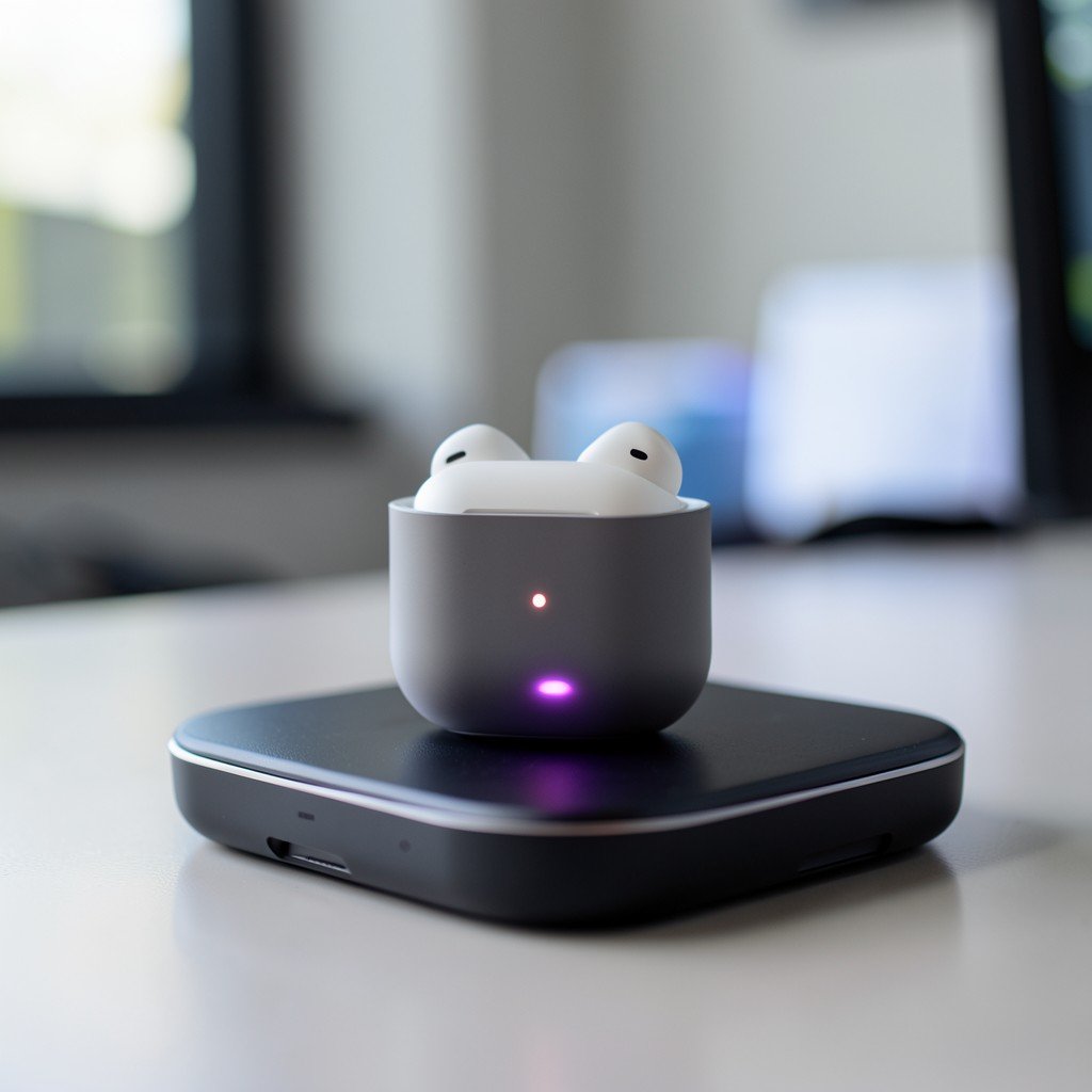 Wireless earbuds charging case with a subtle LED light indicator glowing, placed on a modern charging pad, blurred office background, professional tech photography, 4:3 aspect ratio.