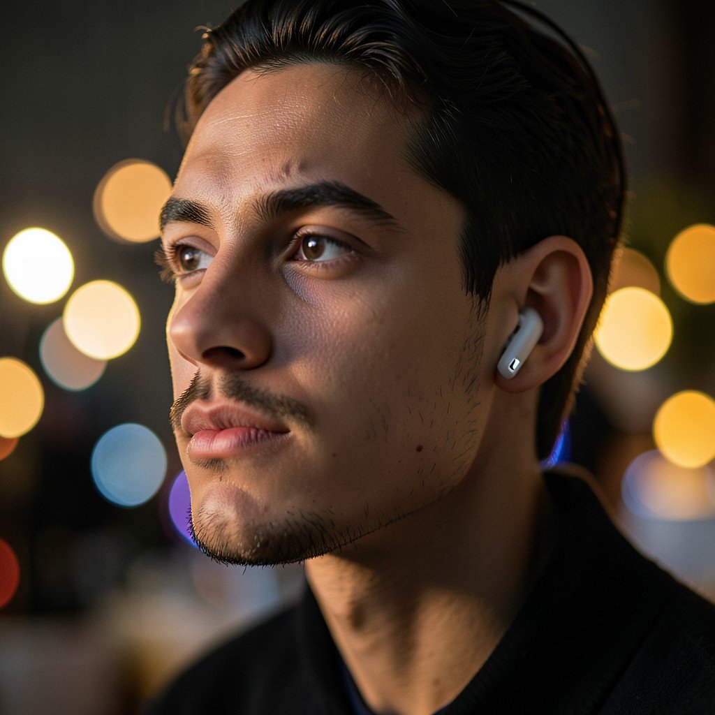 Close-up of a person wearing premium wireless earbuds, cinematic lighting, focused expression, bokeh background with soft lights, lifestyle photography, 4:3 aspect ratio.