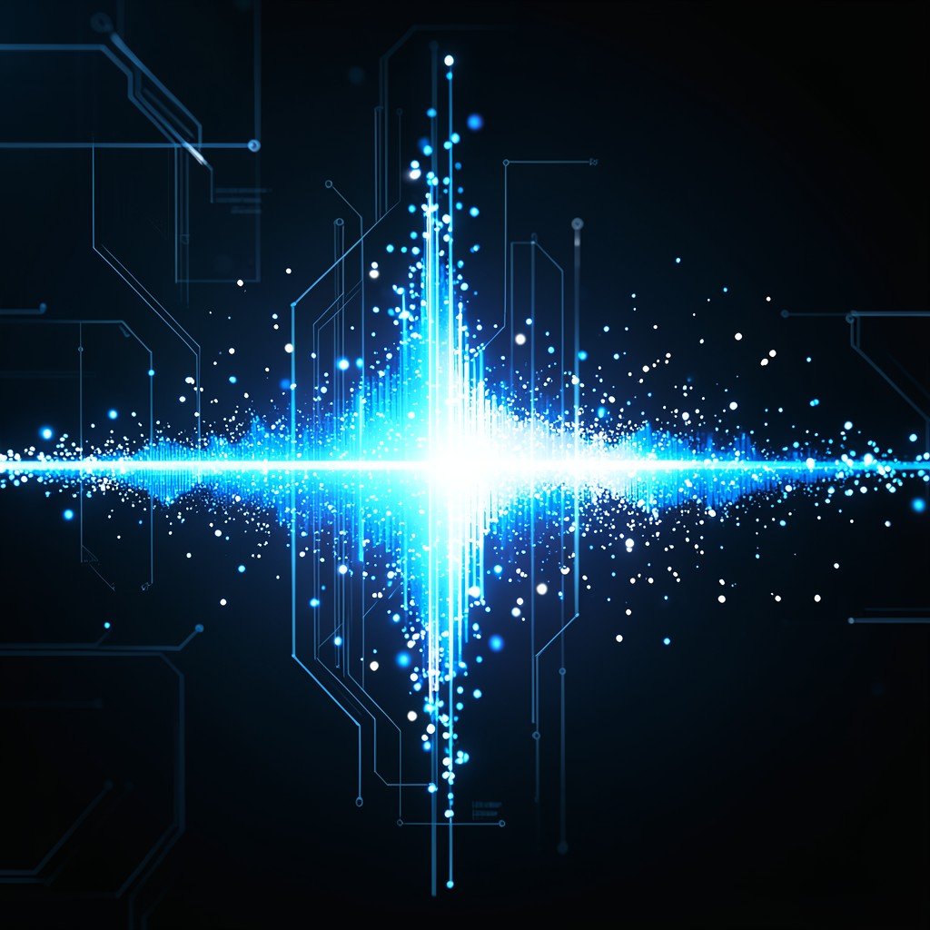 Abstract representation of digital sound waves with a clean, high-tech aesthetic, vibrant blue and white light particles, sophisticated technological design, 4:3 aspect ratio.