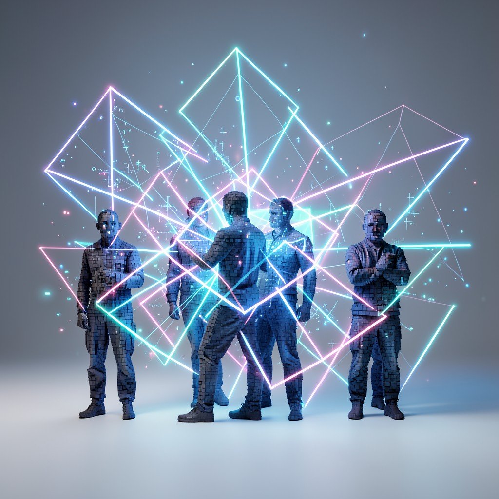 An abstract visual representation of digital barriers and pixelated human forms being protected by glowing geometric shapes, high quality, soft studio lighting, 1:1