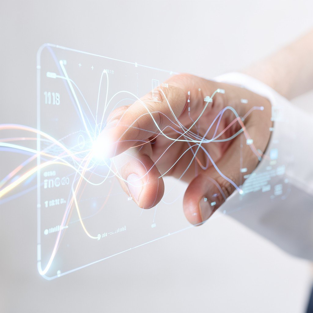 Close up of a human hand interacting with a holographic interface showing abstract data flow, professional and clean atmosphere, 1:1