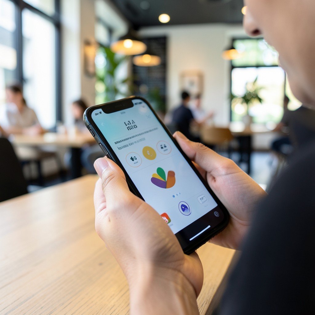 A close up of a person using a smartphone in a modern, well-lit cafe, focus on the screen privacy, natural and professional style, 4:3 aspect ratio.
