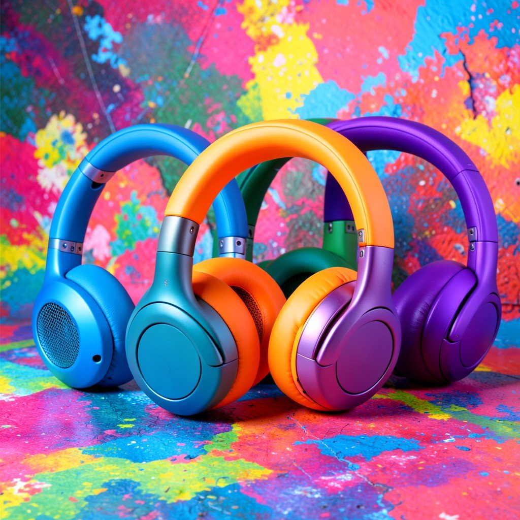 Several premium over-ear headphones in various colors like blue, orange, and purple, arranged artistically on a colorful textured background, studio lighting, 4:3