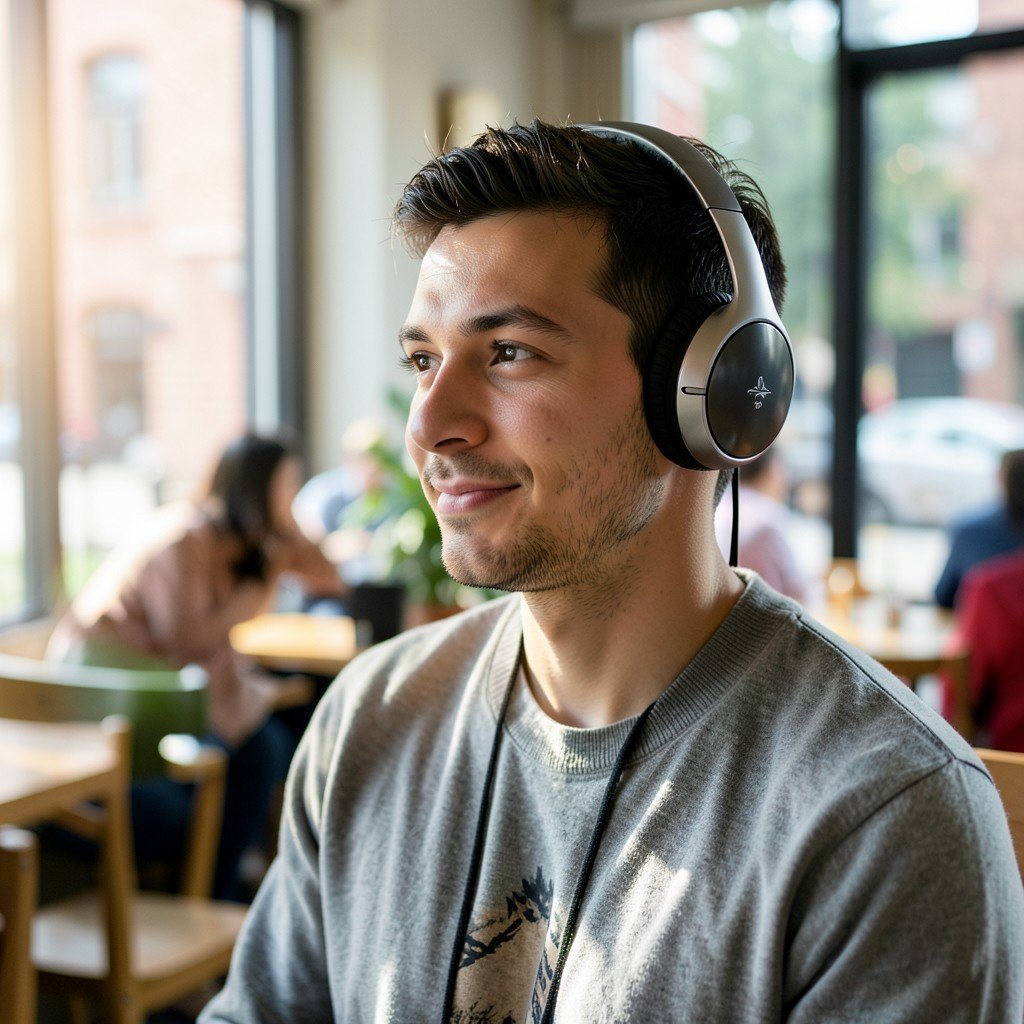 A person wearing premium modern headphones in a bright urban cafe, natural expression, realistic photography, cinematic lighting, 4:3