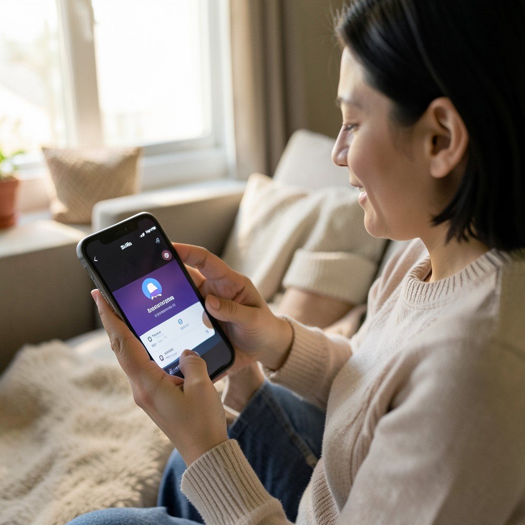A person using a voice-activated shopping assistant on a smartphone, soft natural lighting, cozy living room background, 4:3 ratio.